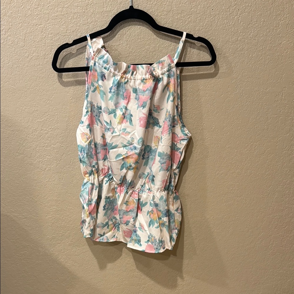 SHEIN White Floral Tank Top with Pastel Pink & Blue Accents